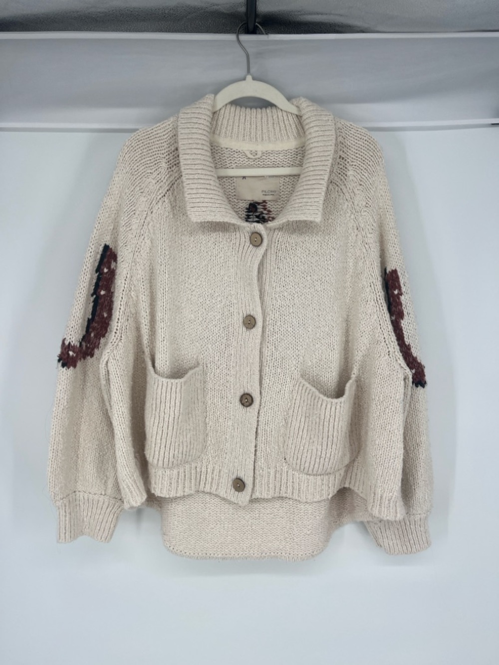 Pilcro Cream Knit Button-Up Knit Western Cardigan Brown Horseshoe Accents 2X - Picture 4 of 12